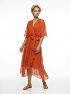 CT|Damen V-Ausschnitt Midi-Kleid mit Flatterärmeln und Bindegürtel