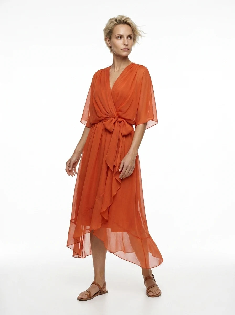 CT|Damen V-Ausschnitt Midi-Kleid mit Flatterärmeln und Bindegürtel