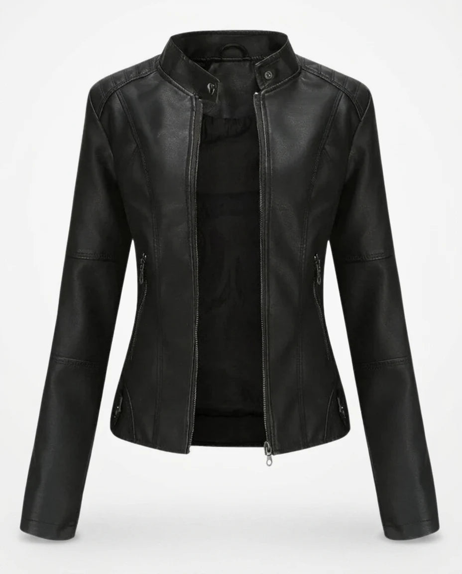 CT|Damen Biker Lederjacke mit Vintage-Kragen und Reißverschluss