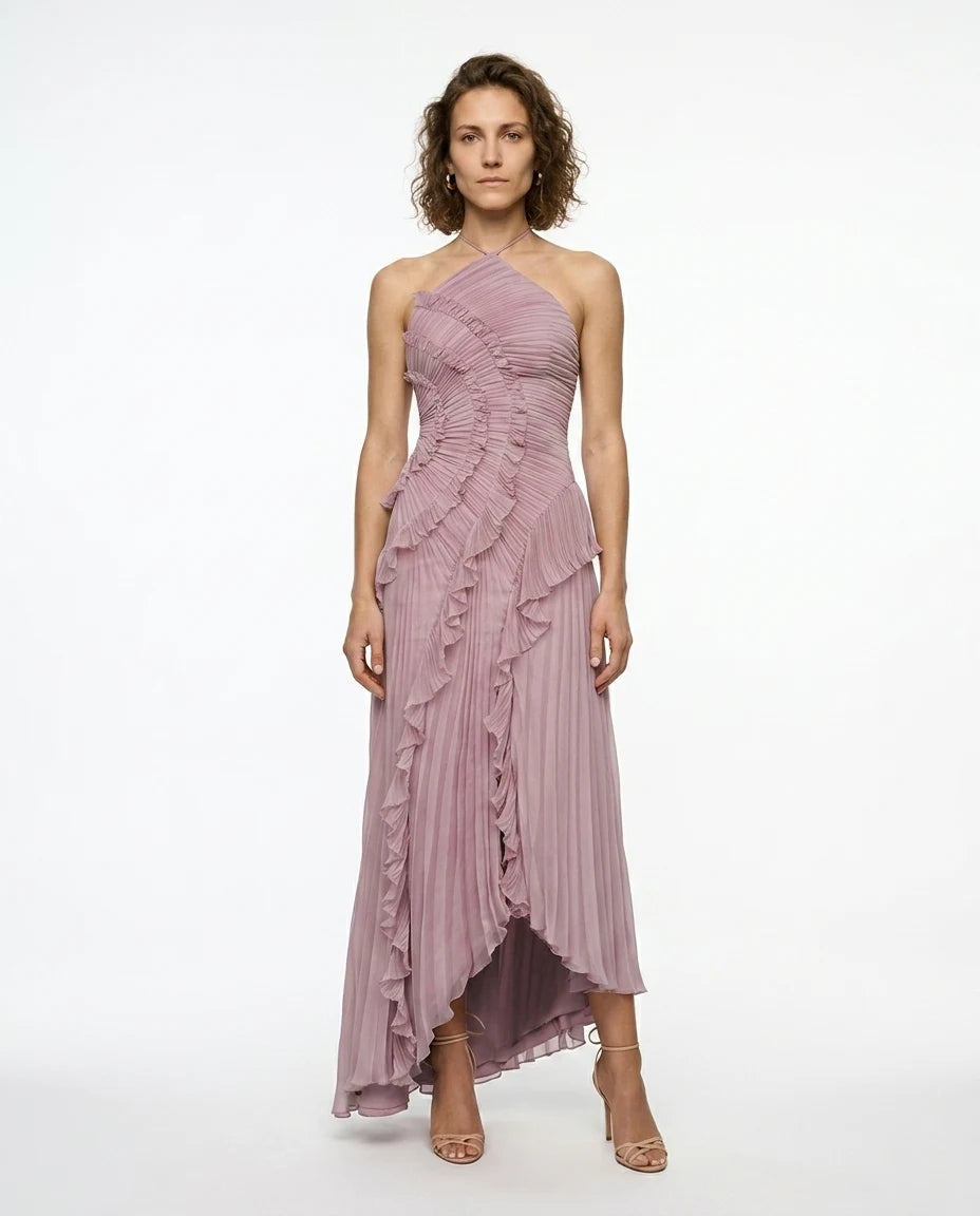 CT|Plissiertes Halter-Midikleid mit Rüschen für Damen
