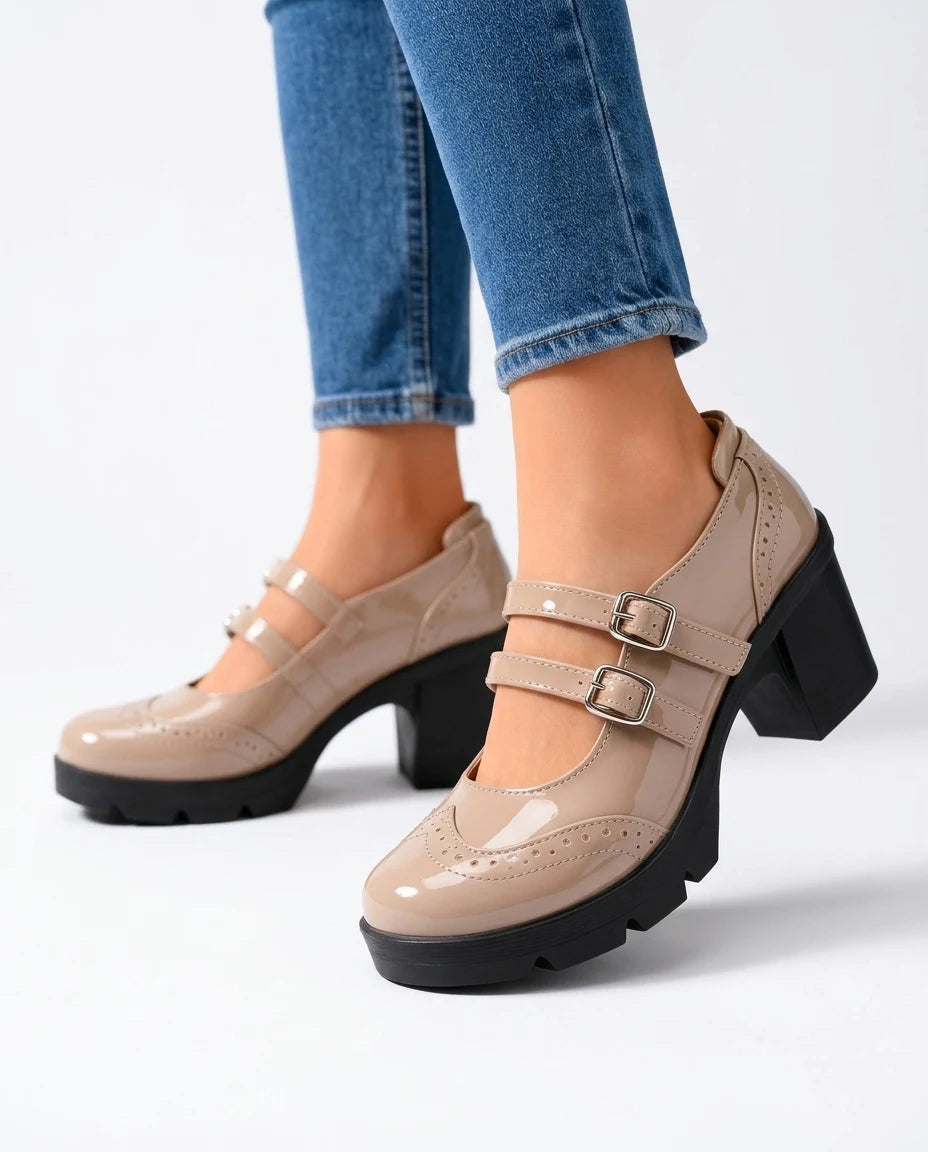 CT|Damen Doppelriemen Plateau Mary Jane Absatzschuh