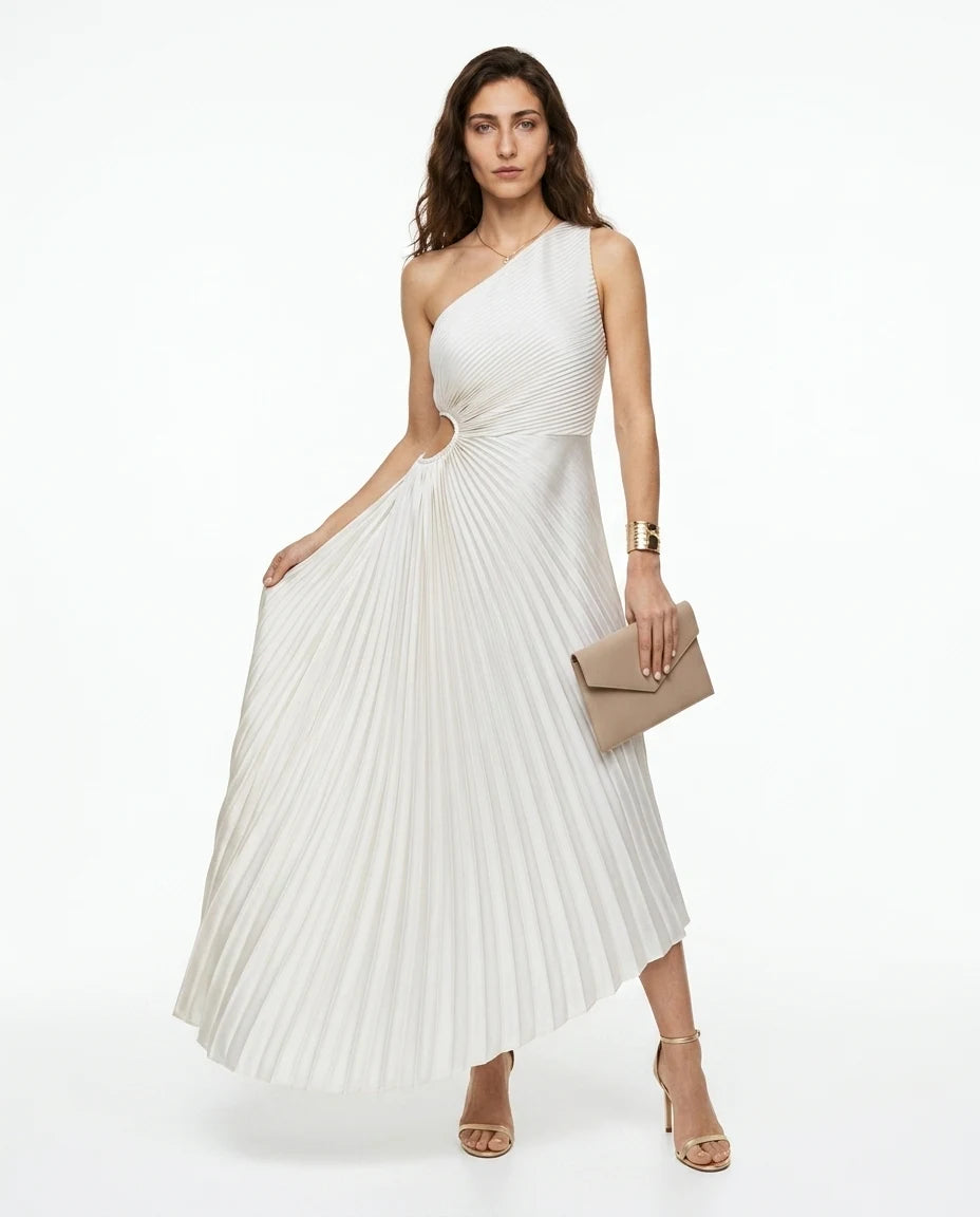 CT|Damen One-Shoulder Plissiertes Maxikleid