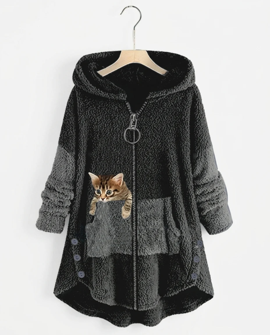 CT|Damen-Teddy-Mantel mit Katzendesign