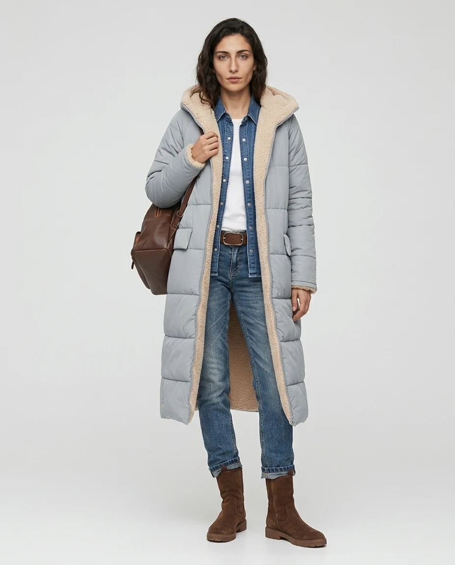 CT|Langer Gesteppter Steppmantel mit Sherpa-Futter