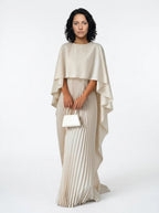 CT|Damen Hochzeitsgast Plissiertes Cape Maxi Kleid