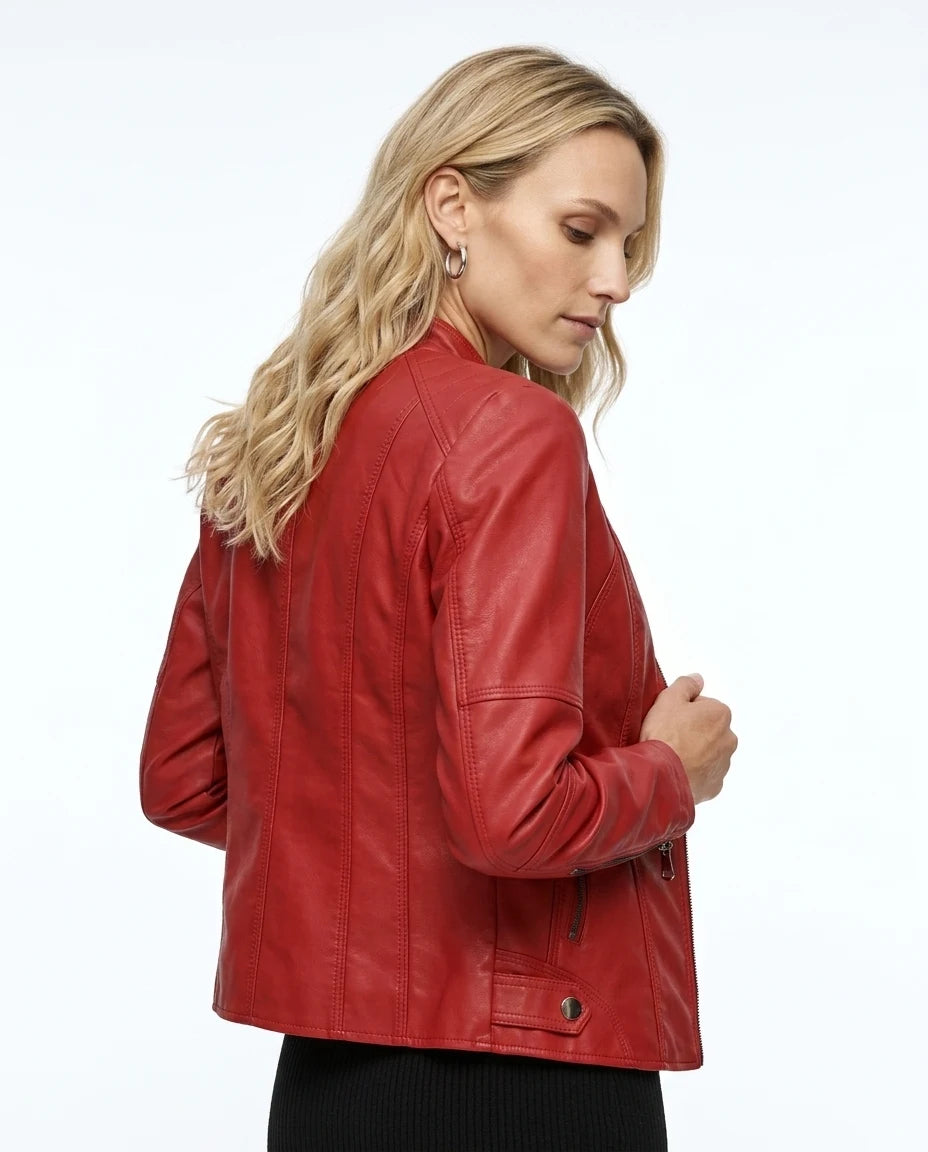 CT|Damen Biker Lederjacke mit Vintage-Kragen und Reißverschluss