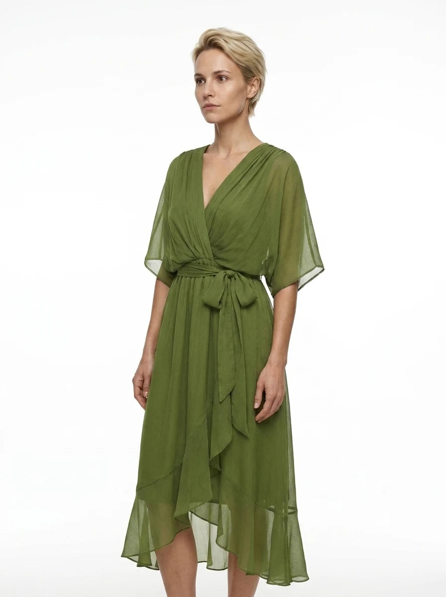 CT|Damen V-Ausschnitt Midi-Kleid mit Flatterärmeln und Bindegürtel