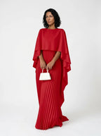 CT|Damen Hochzeitsgast Plissiertes Cape Maxi Kleid