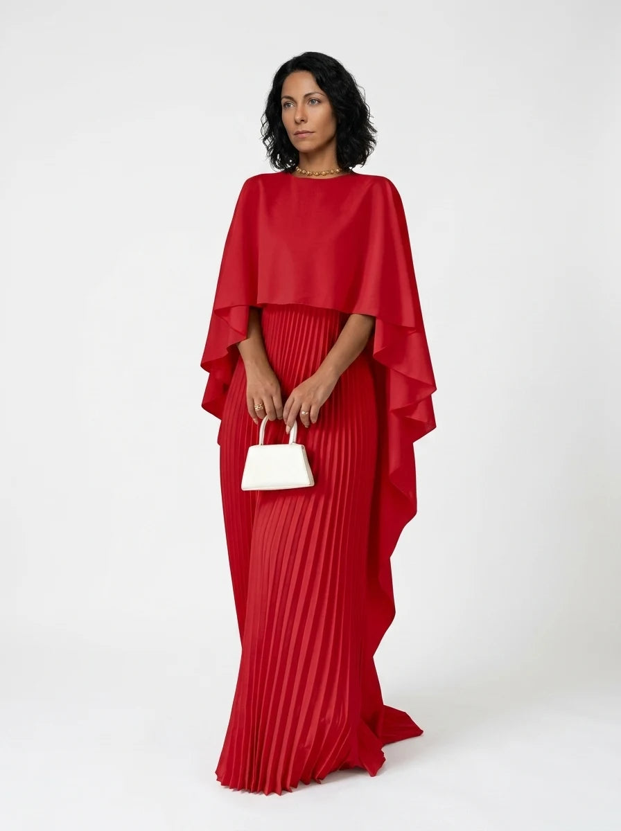 CT|Damen Hochzeitsgast Plissiertes Cape Maxi Kleid