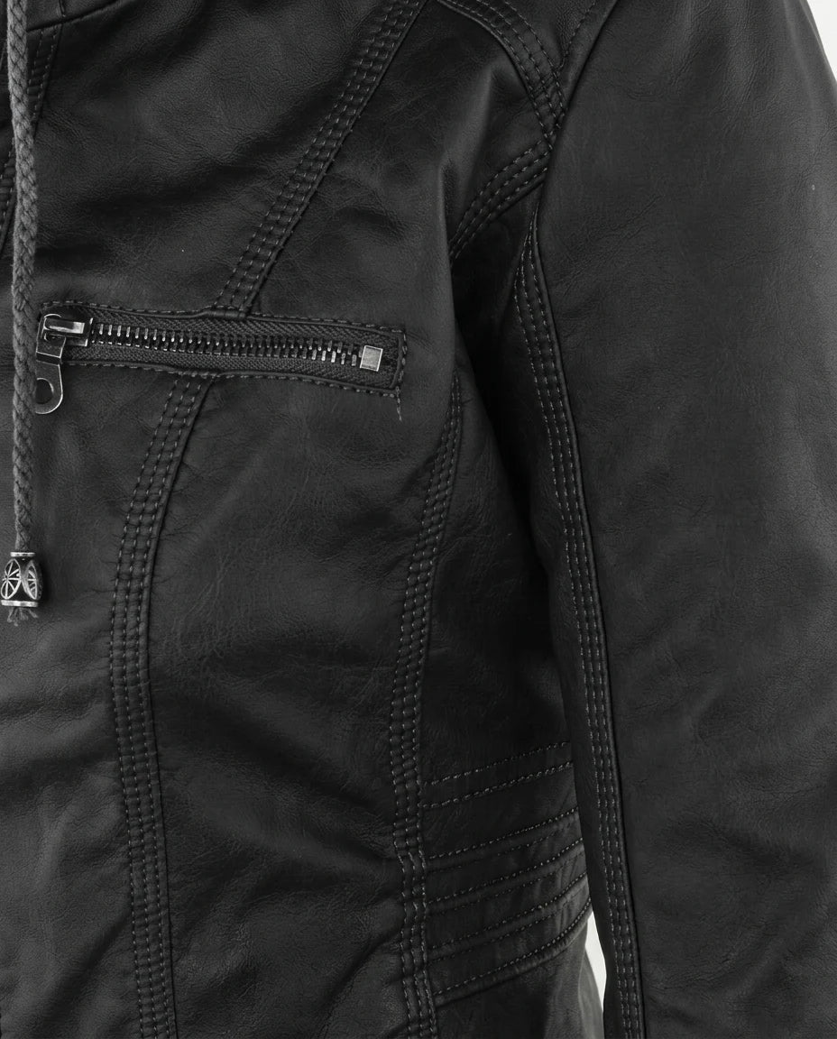 CT|Damen Lederjacke mit Abnehmbarer Kapuze