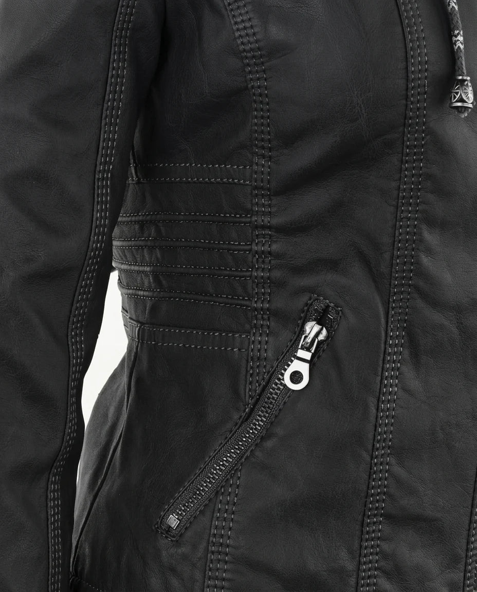 CT|Damen Lederjacke mit Abnehmbarer Kapuze