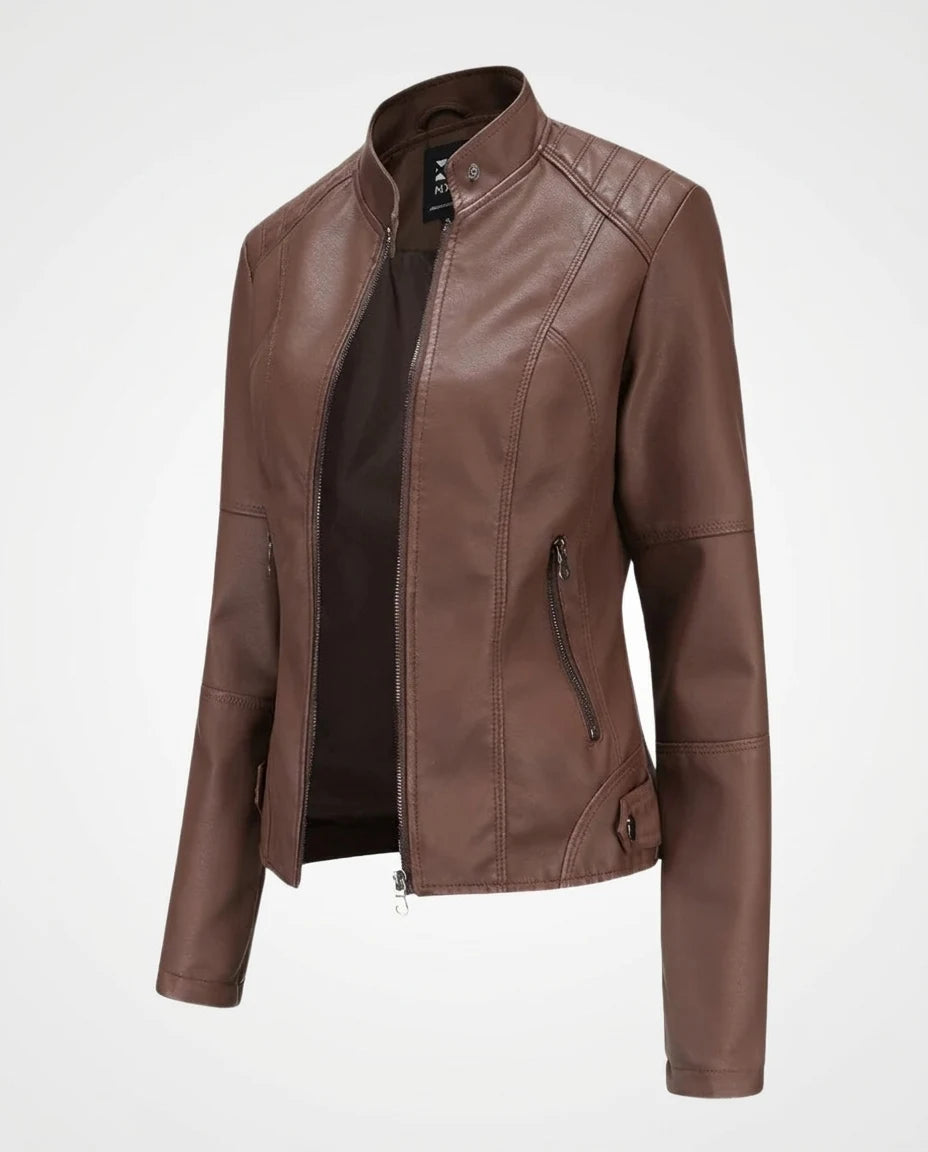 CT|Damen Biker Lederjacke mit Vintage-Kragen und Reißverschluss