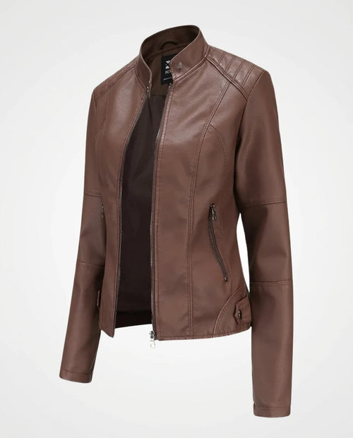 CT|Damen Biker Lederjacke mit Vintage-Kragen und Reißverschluss