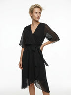 CT|Damen V-Ausschnitt Midi-Kleid mit Flatterärmeln und Bindegürtel