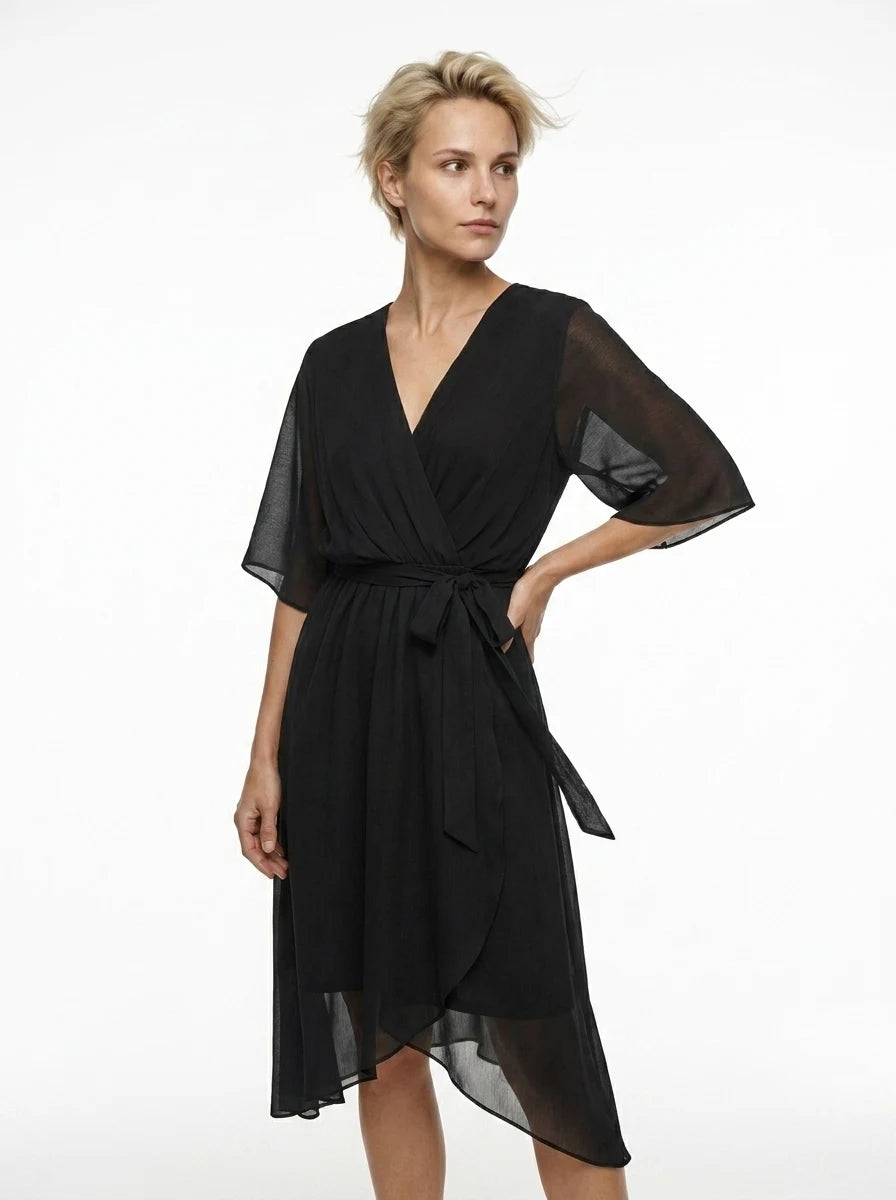 CT|Damen V-Ausschnitt Midi-Kleid mit Flatterärmeln und Bindegürtel