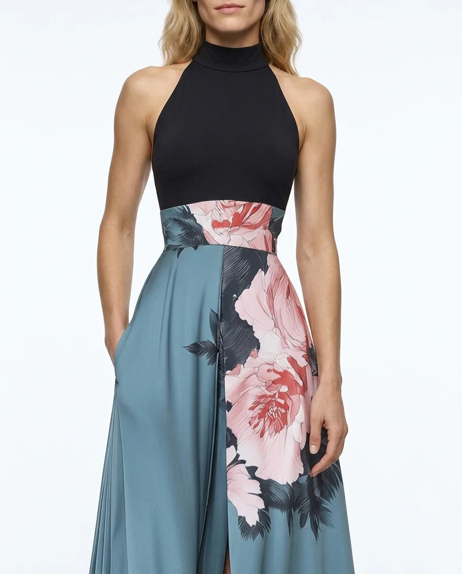 CT|Damen Florales Ärmelloses Maxikleid mit Rundhalsausschnitt