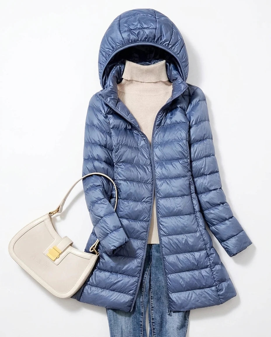 CT|Lange Leichte Daunenjacke mit Kapuze für Damen