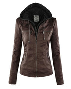 CT|Damen Lederjacke mit Abnehmbarer Kapuze