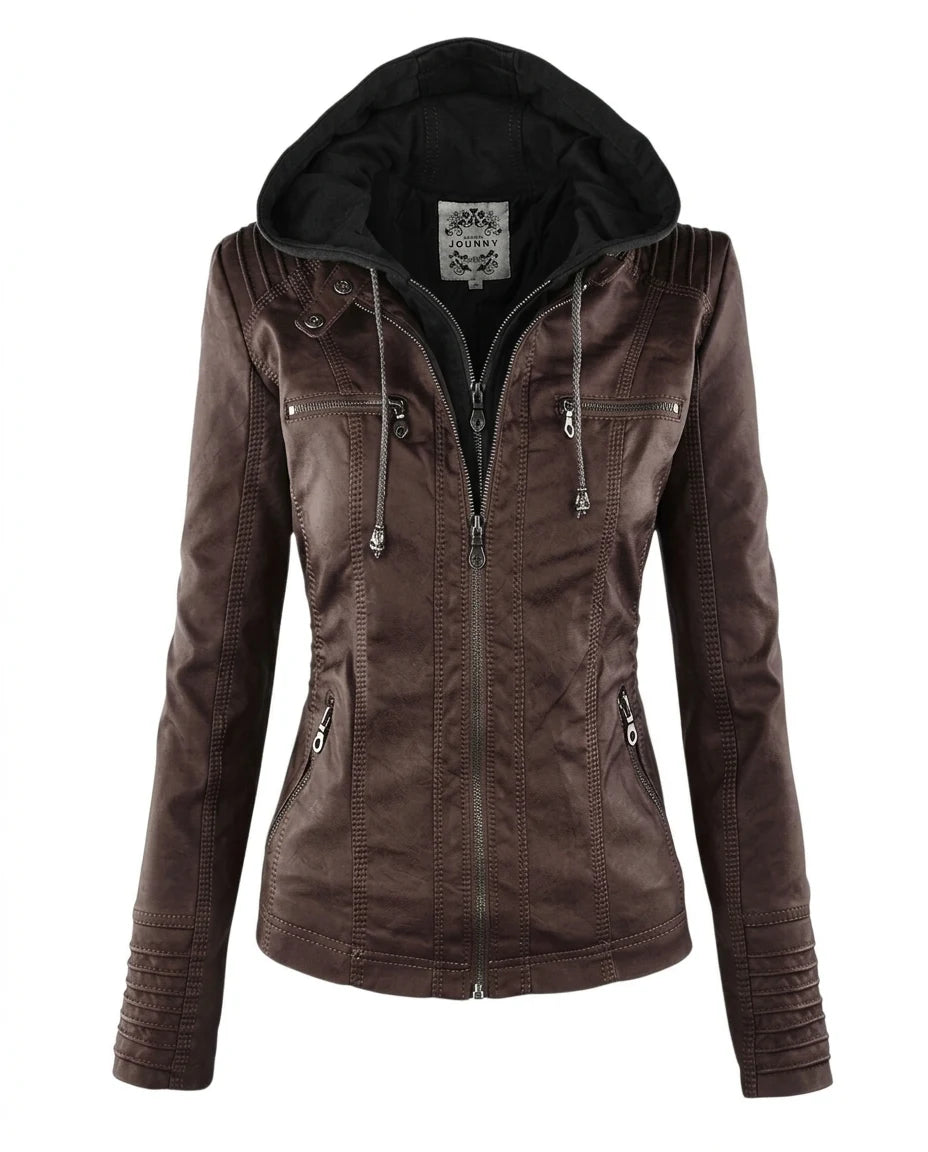 CT|Damen Lederjacke mit Abnehmbarer Kapuze
