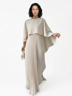 CT|Damen Hochzeitsgast Plissiertes Cape Maxi Kleid