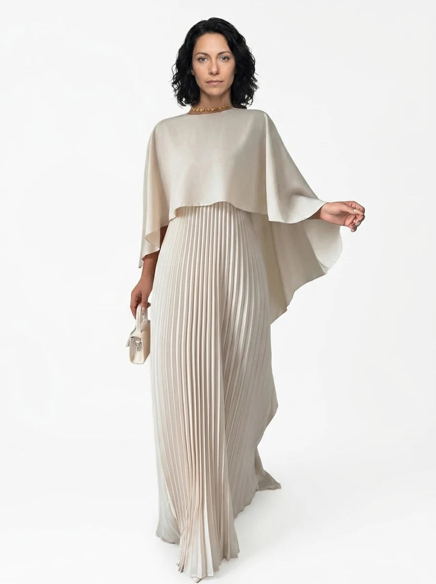 CT|Damen Hochzeitsgast Plissiertes Cape Maxi Kleid