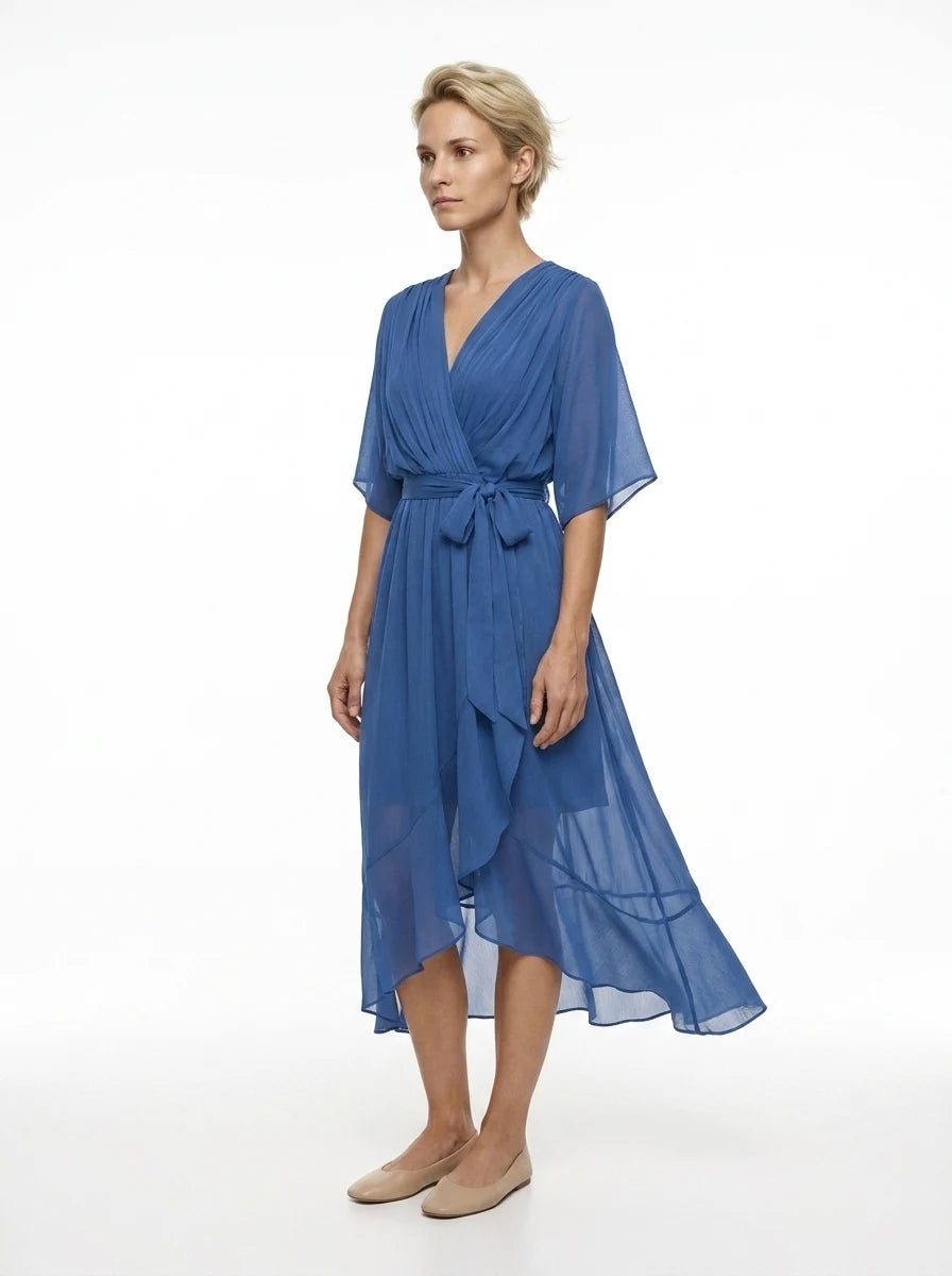 CT|Damen V-Ausschnitt Midi-Kleid mit Flatterärmeln und Bindegürtel
