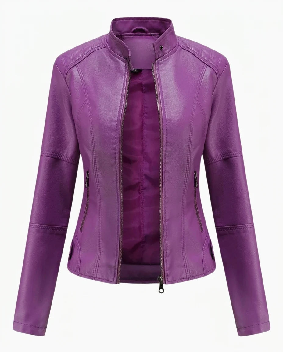 CT|Damen Biker Lederjacke mit Vintage-Kragen und Reißverschluss