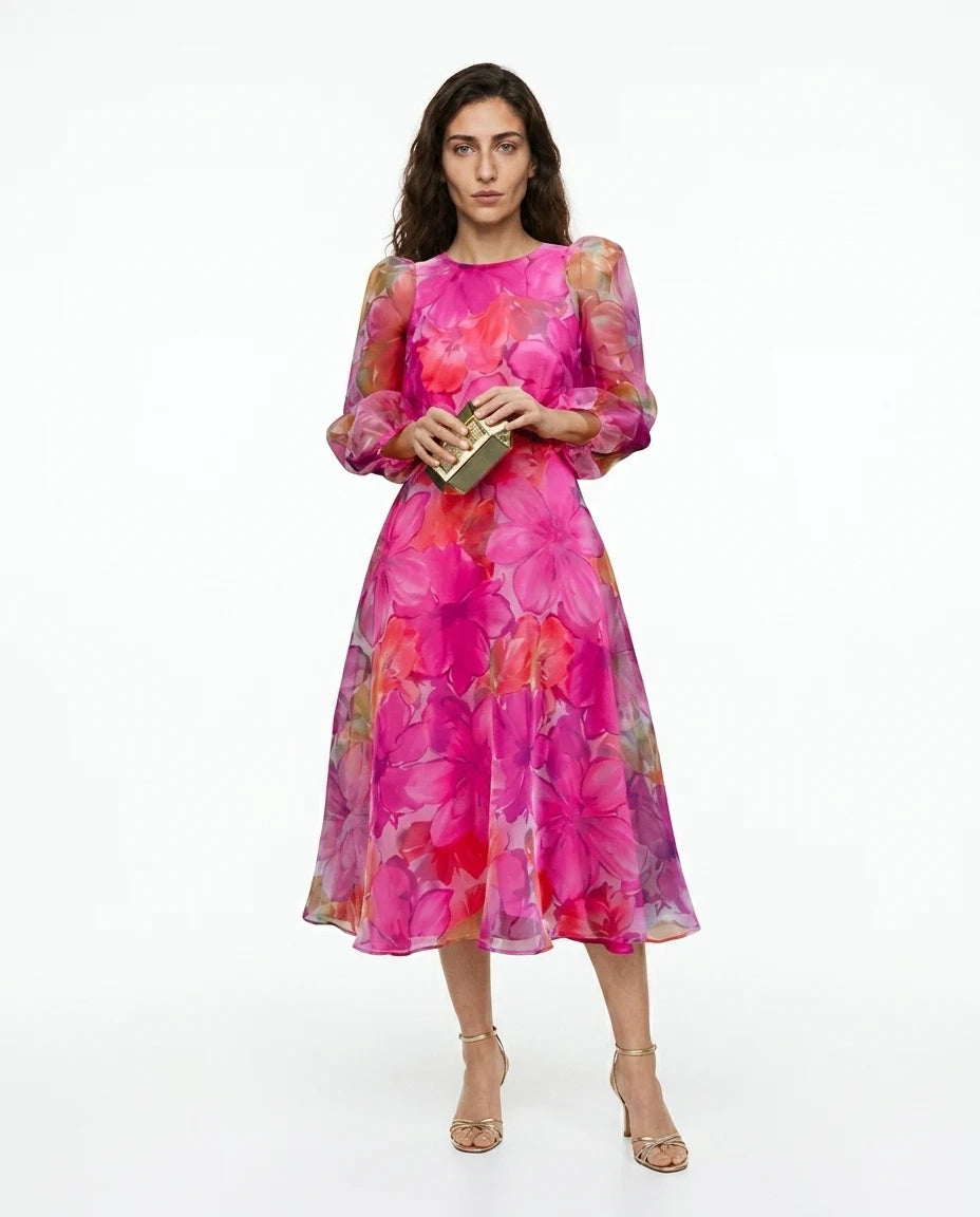 CT|Damen Formelles Geblümtes Midikleid mit Transparenten Ärmeln