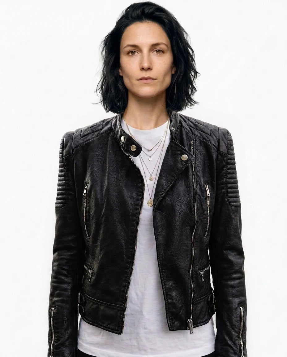 CT|Damen Leder Bikerjacke mit Asymmetrischem Reißverschluss