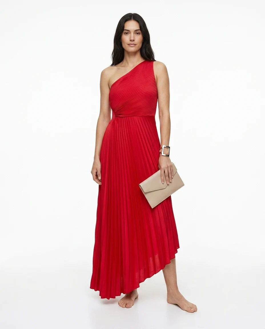 CT|Damen One-Shoulder Plissiertes Maxikleid