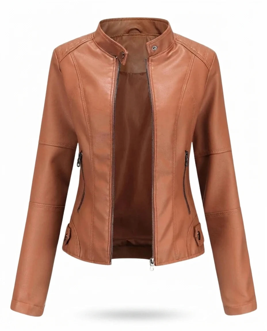 CT|Damen Biker Lederjacke mit Vintage-Kragen und Reißverschluss