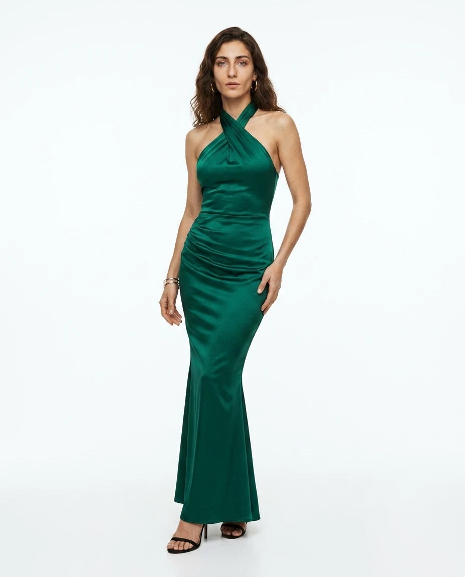 CT|Damen Fishtail Kleid mit Offenem Rücken und Halter-Ausschnitt