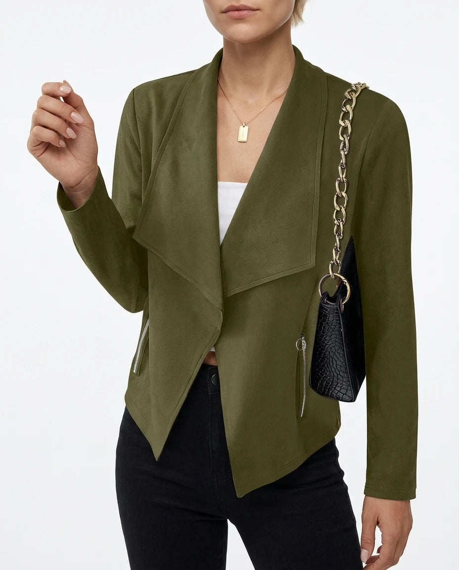 CT|Wasserfallkragen Damen Jacke mit offenem Vorderteil und kurzem Schnitt