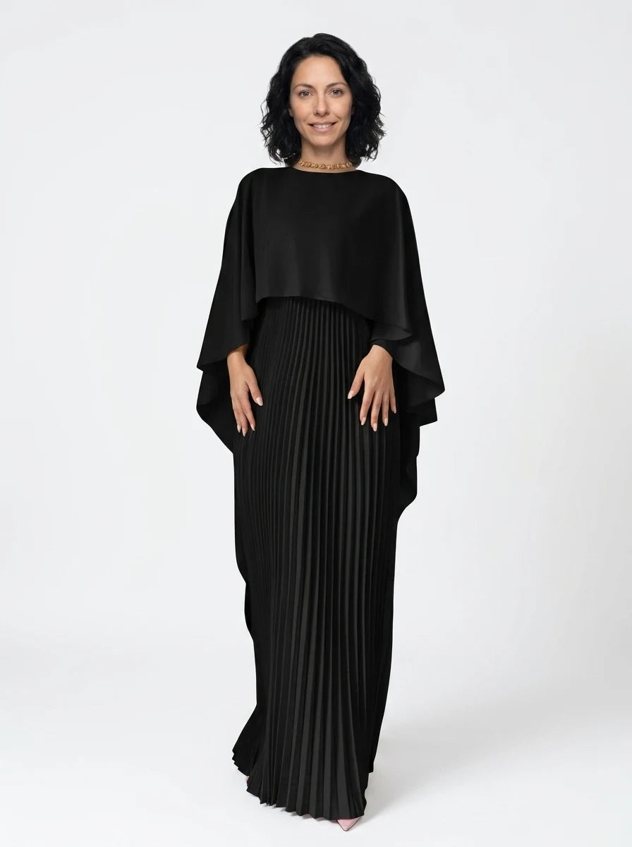 CT|Damen Hochzeitsgast Plissiertes Cape Maxi Kleid