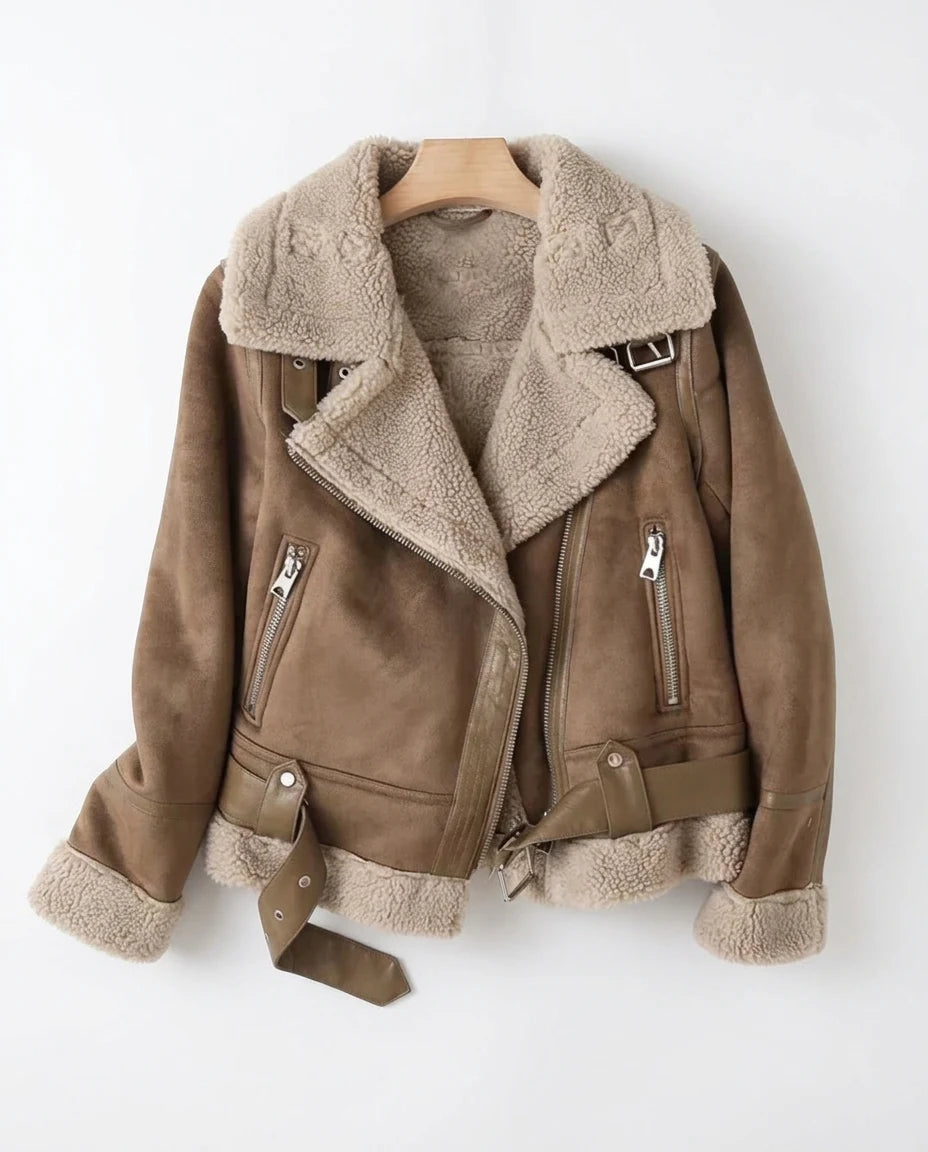 CT|Damen Leder Bikerjacke mit Sherpa-Futter