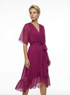 CT|Damen V-Ausschnitt Midi-Kleid mit Flatterärmeln und Bindegürtel