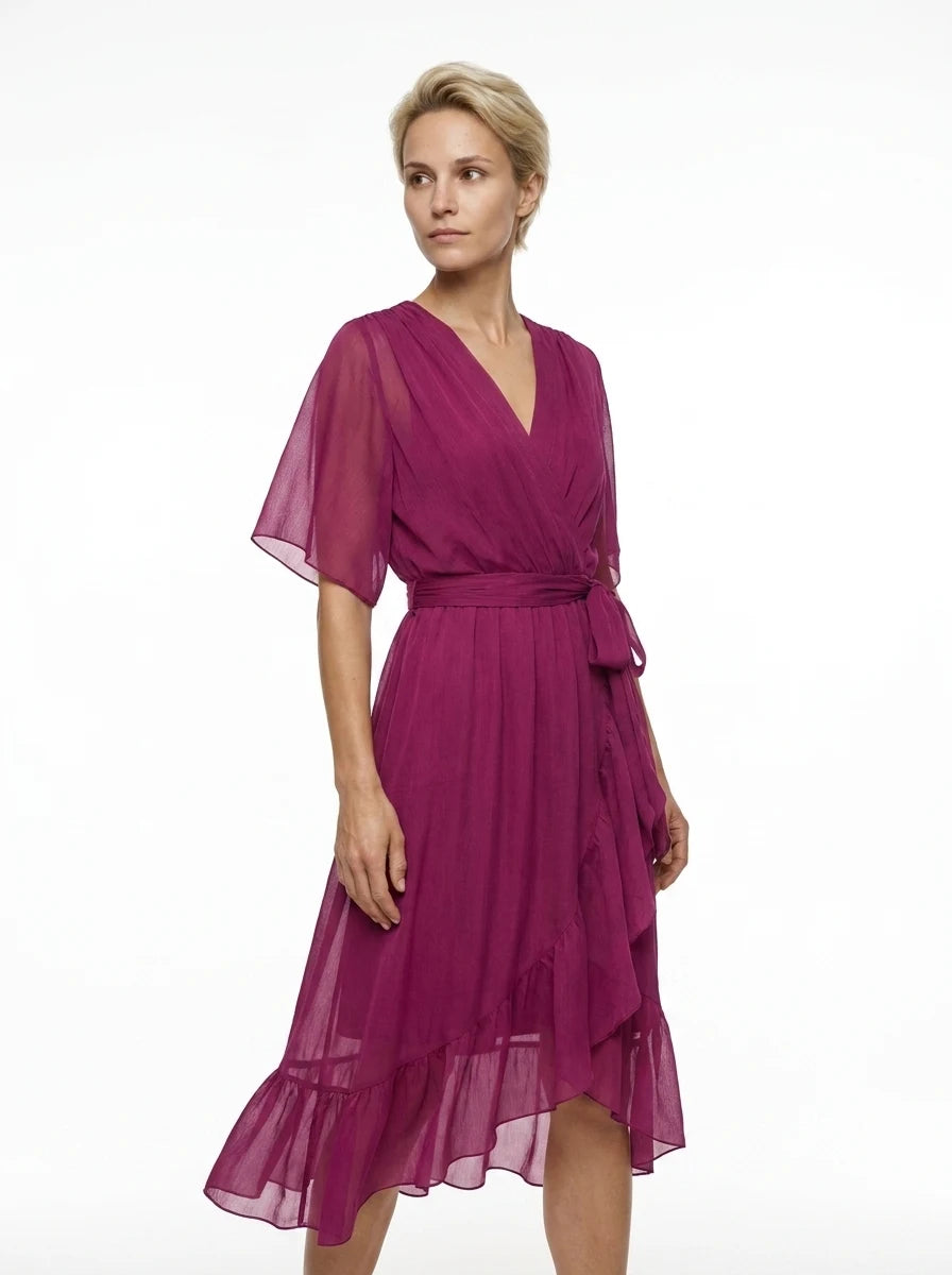 CT|Damen V-Ausschnitt Midi-Kleid mit Flatterärmeln und Bindegürtel