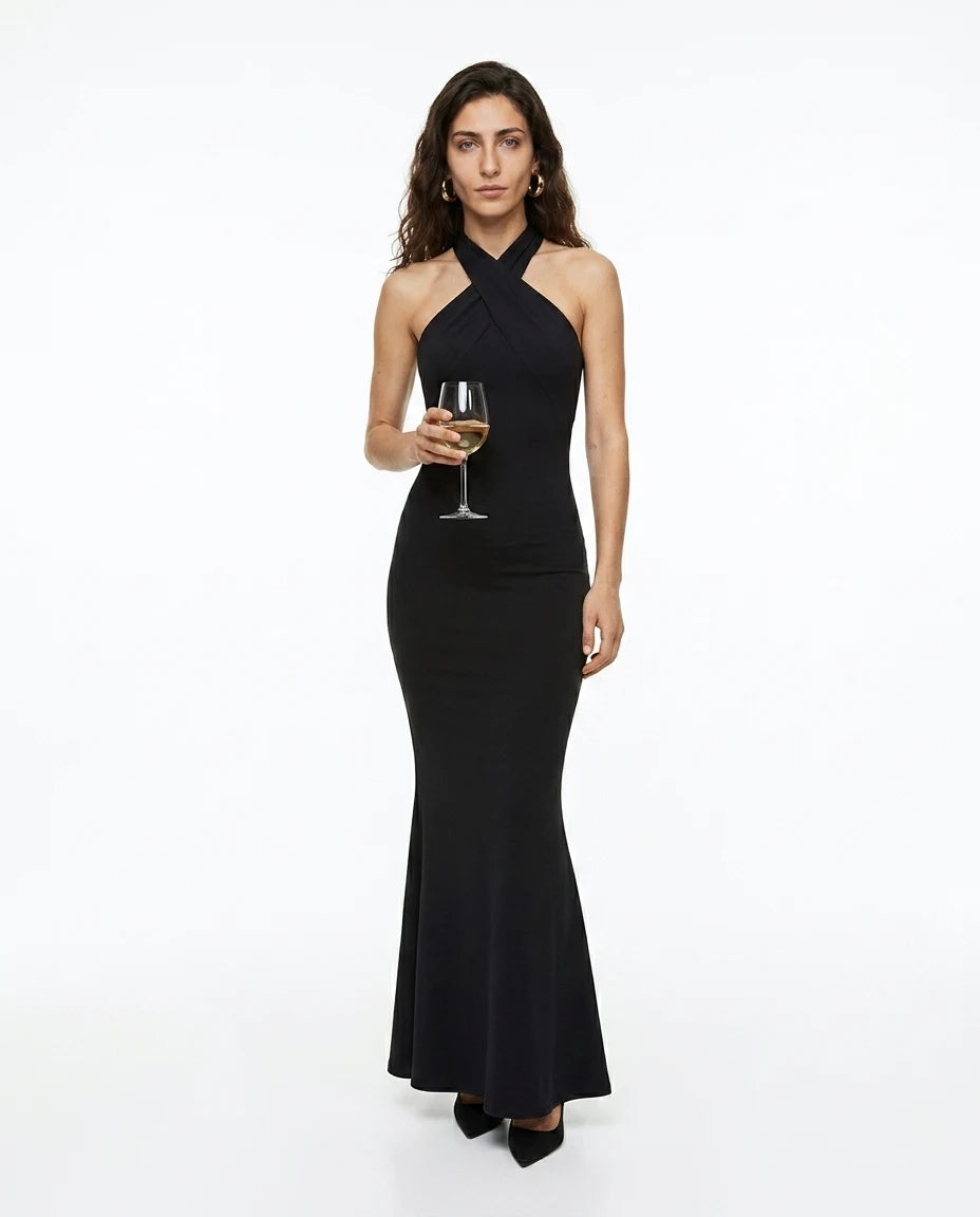 CT|Damen Fishtail Kleid mit Offenem Rücken und Halter-Ausschnitt