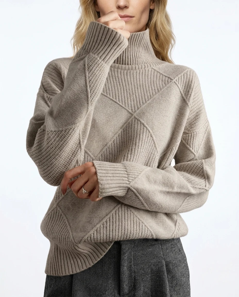 CT|Damen Kaschmir Rollkragenpullover mit Rautenstrick