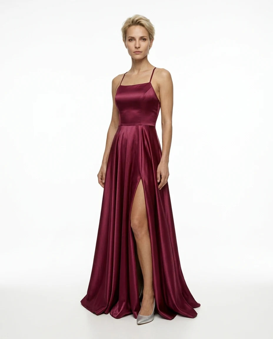 CT|Damen Langärmliges Hochzeitsgastkleid mit Seitenschlitz