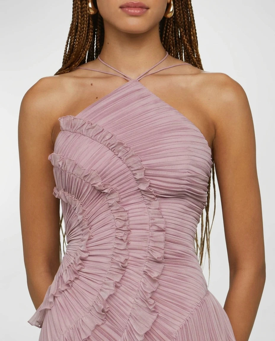 CT|Plissiertes Halter-Midikleid mit Rüschen für Damen