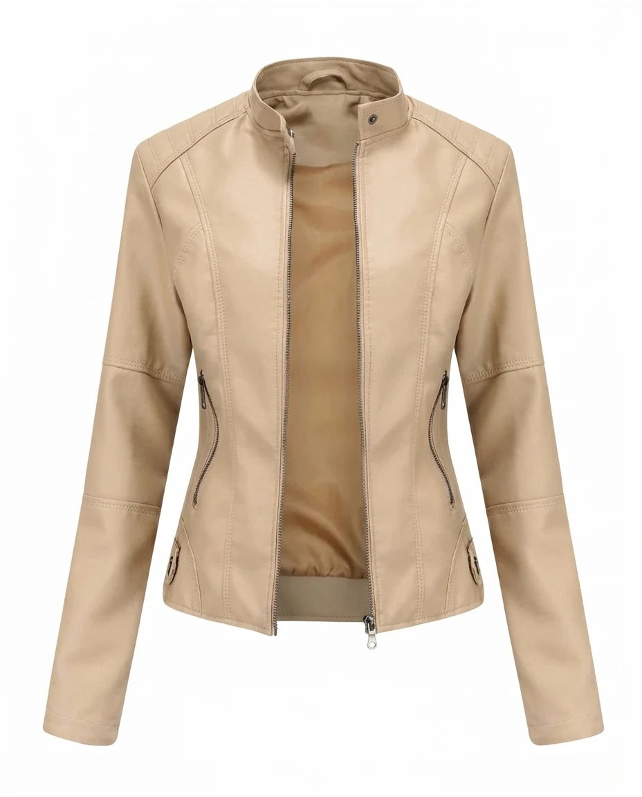 CT|Damen Biker Lederjacke mit Vintage-Kragen und Reißverschluss