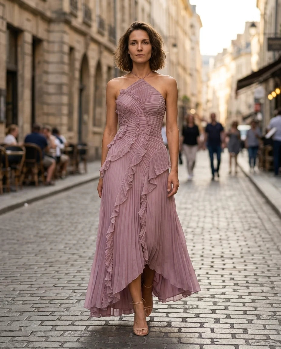 CT|Plissiertes Halter-Midikleid mit Rüschen für Damen