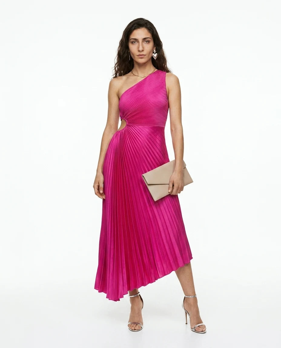 CT|Damen One-Shoulder Plissiertes Maxikleid