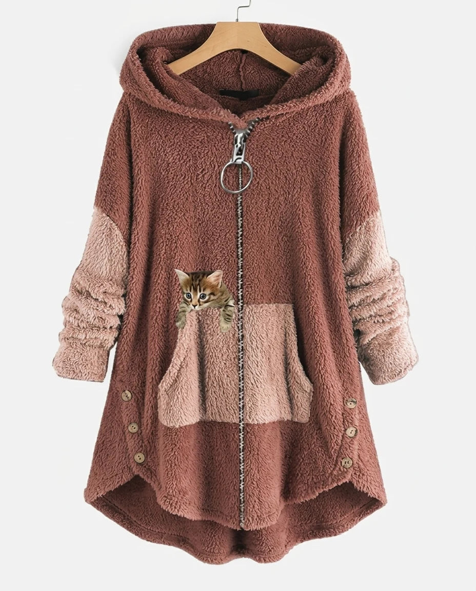 CT|Damen-Teddy-Mantel mit Katzendesign