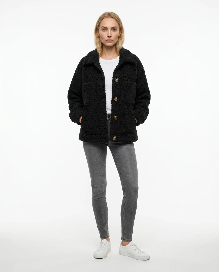 CT|Damen Teddyjacke mit Knopfleiste