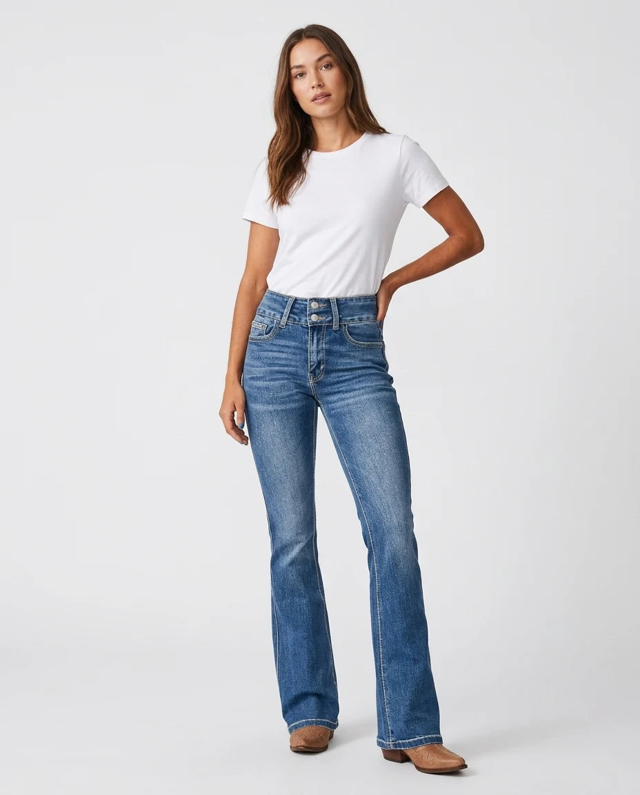 CT|Damen Hochtaillierte Schlagjeans mit Used-Look