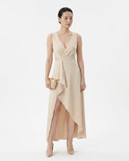 MARCFRANCOIS|Beige Ines | Damen Abendkleid Asymmetrisch Midi, Vorderansicht