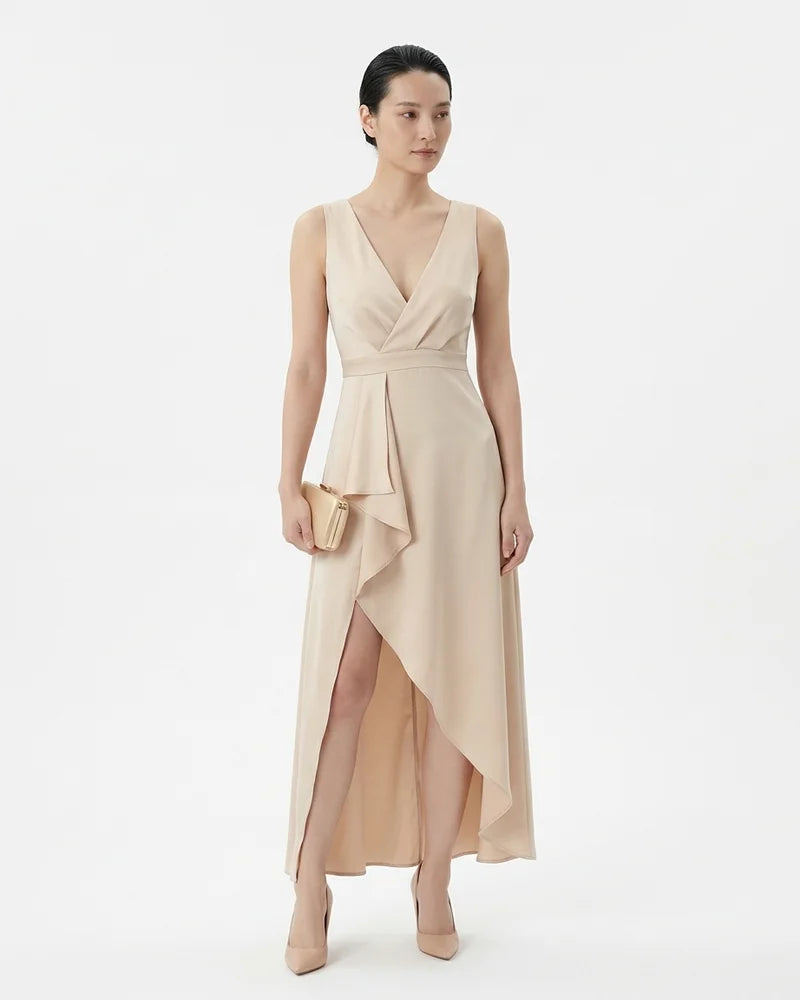 MARCFRANCOIS|Beige Ines | Damen Abendkleid Asymmetrisch Midi, Vorderansicht