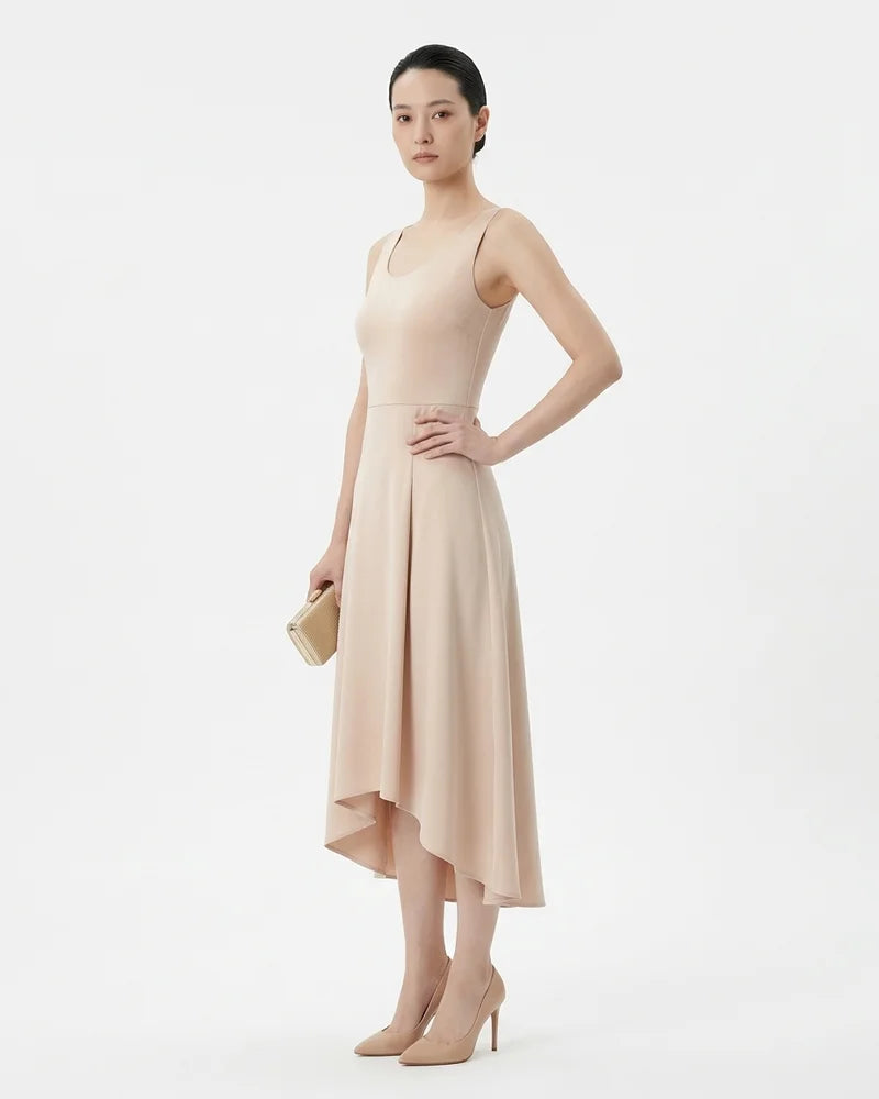 MARCFRANCOIS|Beige Ines | Damen Abendkleid Asymmetrisch Midi, Vorderansicht